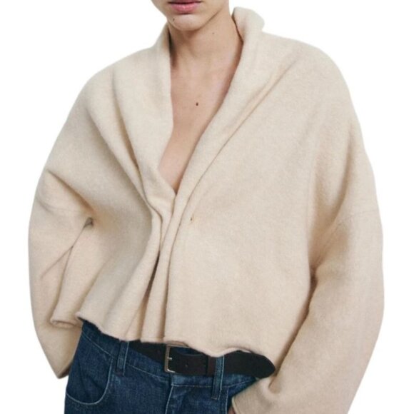 Zara Wool Blend Light Cream Gold Button Pleated Shawl Collar Boxy Cardigan - Picture 1 of 15